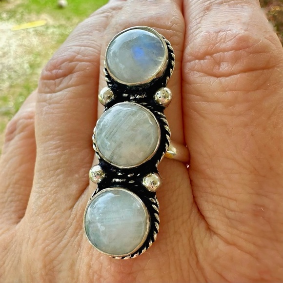 925 Sterling Silver and Triple Natural Rainbow Moonstone Ring - Picture 2 of 13